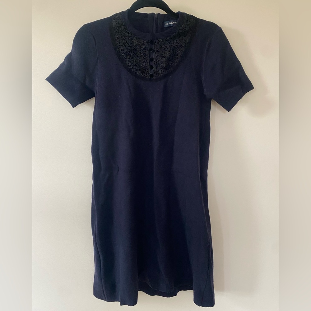 ZARA Navy Knit Mini Dress with Black Embroidery Size M